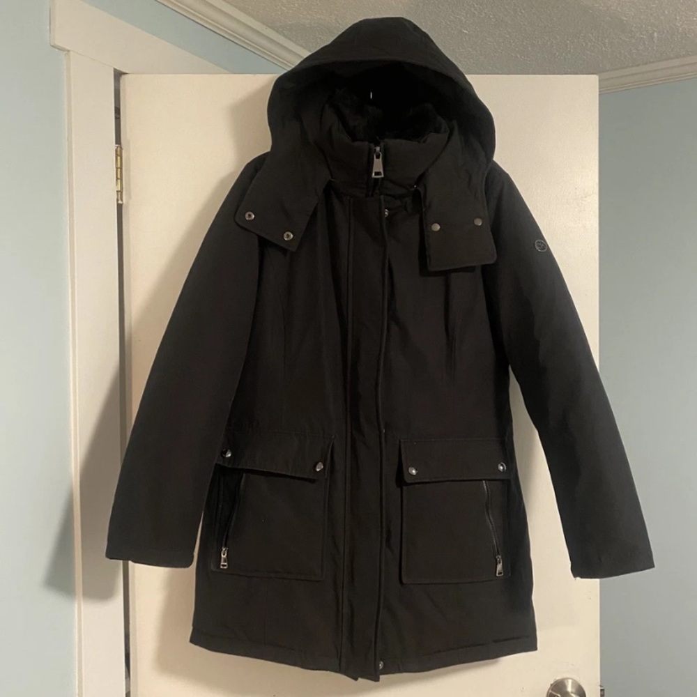 NWOT Calvin Klein Puffer Coat Long Women’s Black Removable Hood Full Zip M Warm